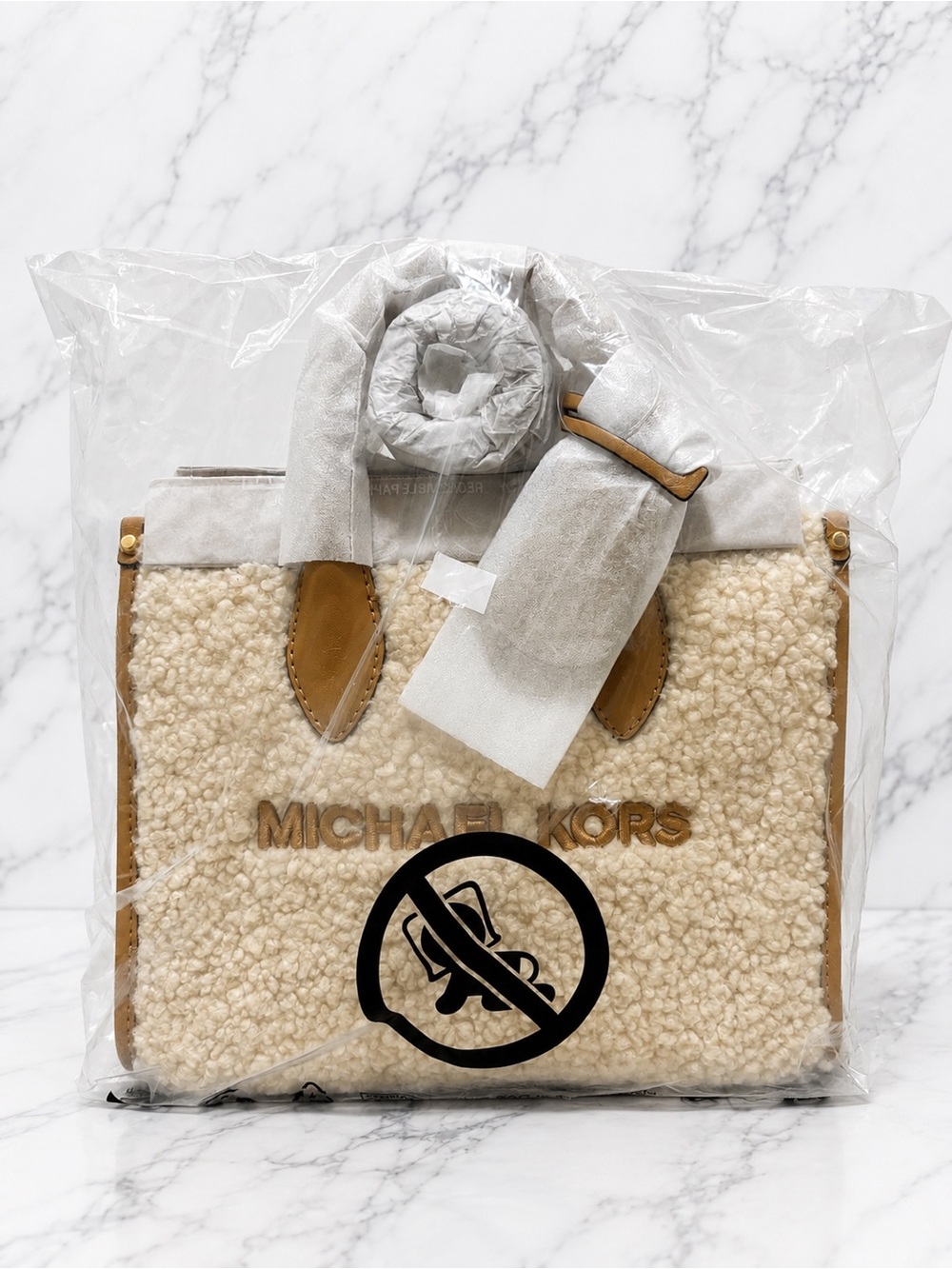 Michael Kors Cream Sherpa Tote with Tan Leather Trim